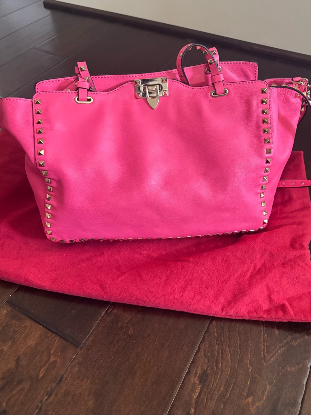 Valentino Garavani Rockstud Leather Tote Bag Hot Pink with Strap & Dust Bag